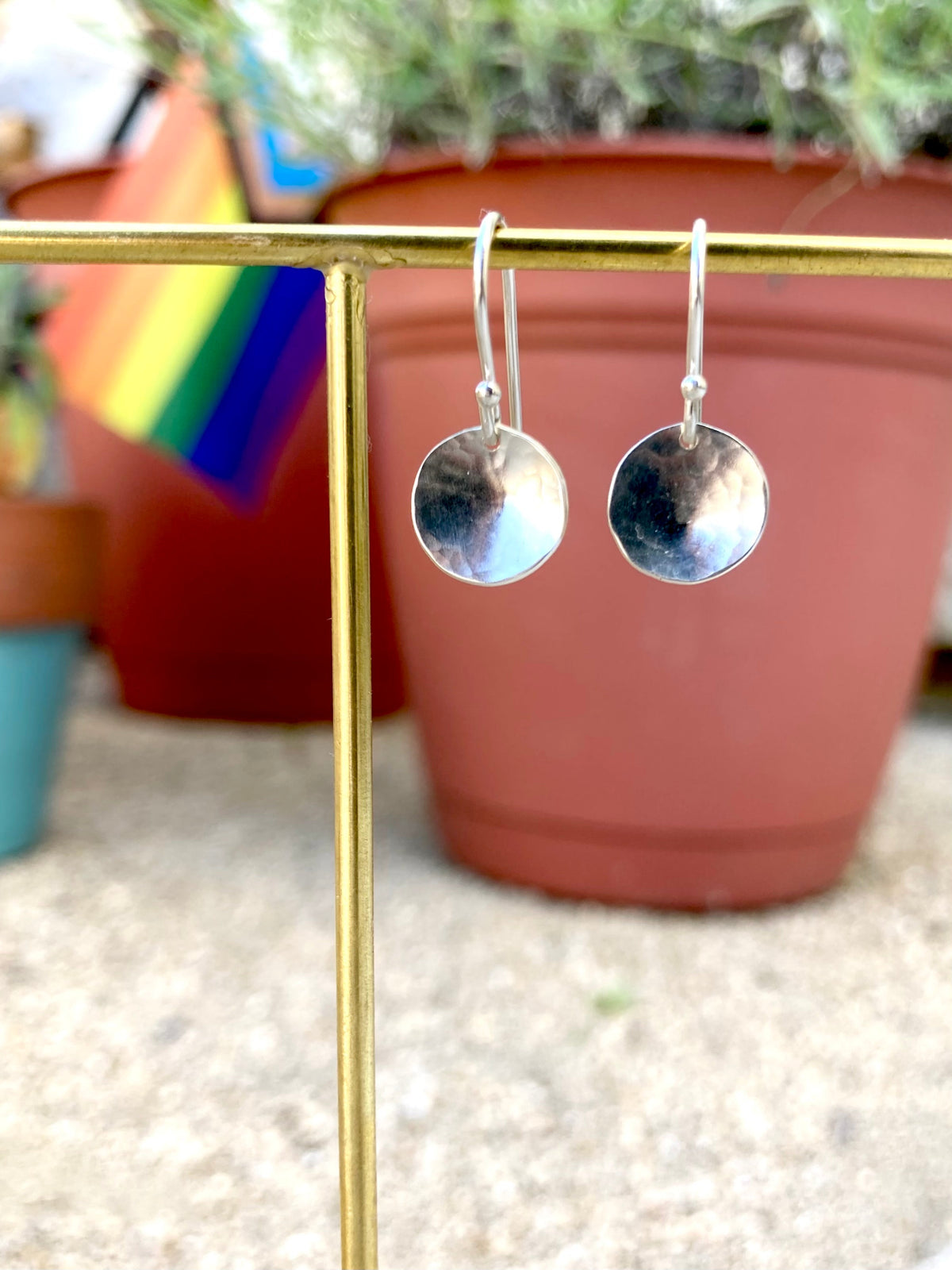 Small Full Moon Phase Hammered Circle Drop Earrings