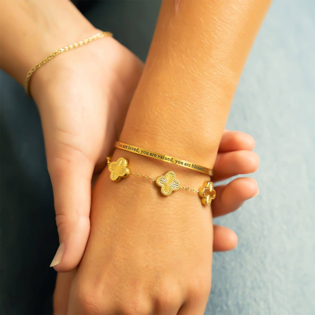 18K Gold PVD You are Loved Engraved Bangle Bracelet: Gold - Made in USA