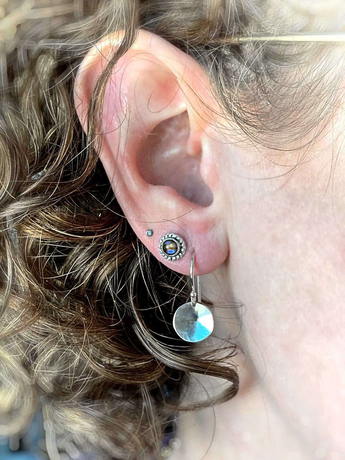 Small Full Moon Phase Hammered Circle Drop Earrings