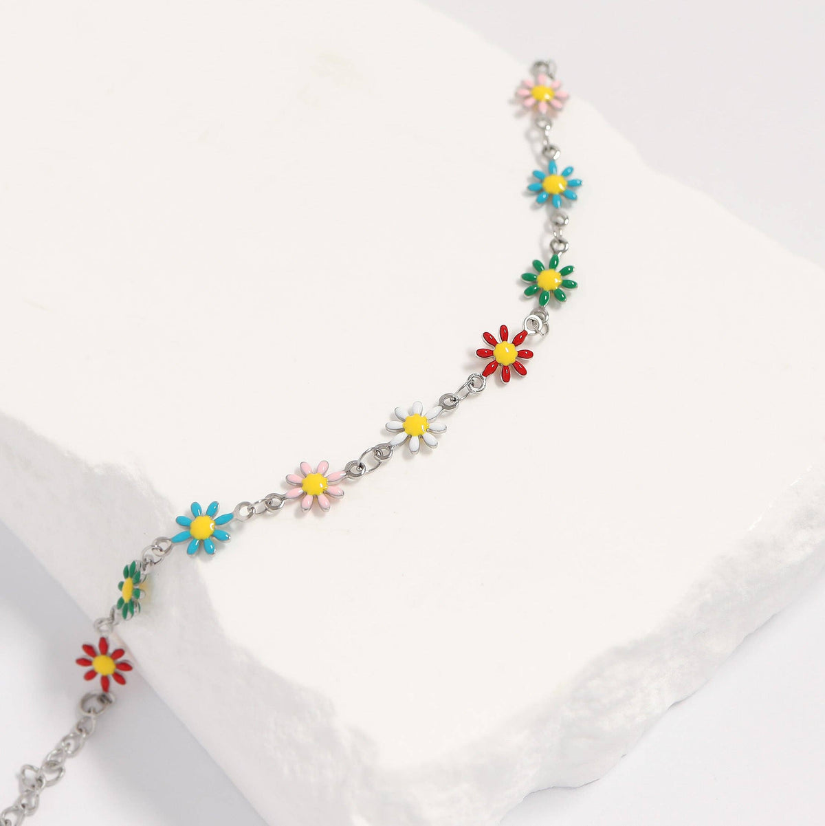 18K Gold PVD Multi Colored Floral Chain Bracelet: Gold - Made in USA