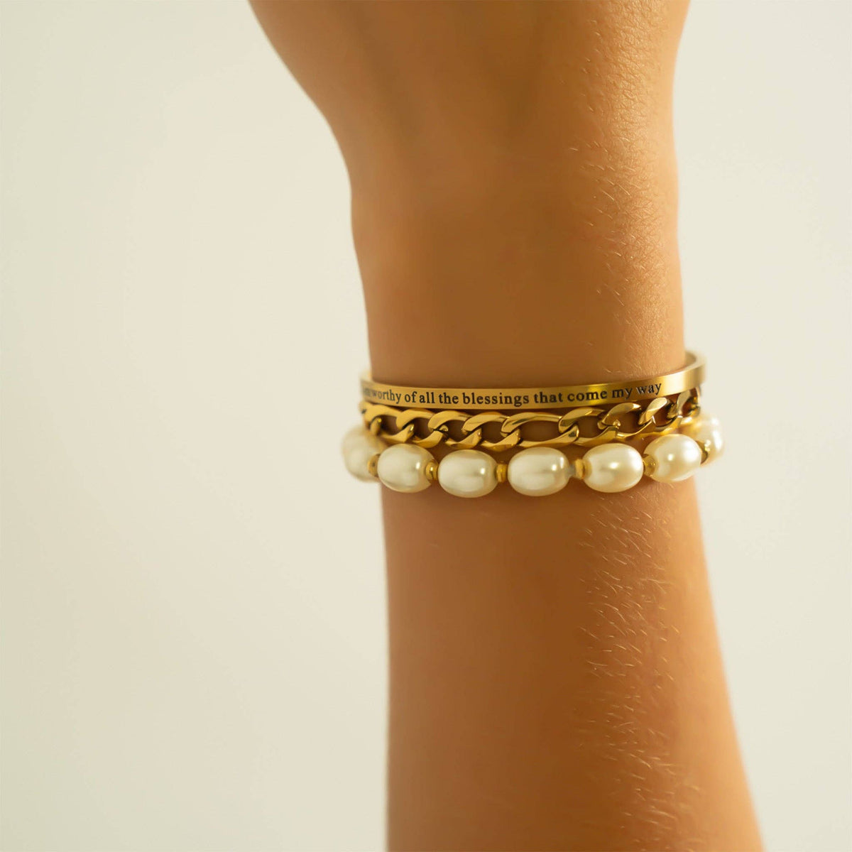 18K Gold PVD Worthy of Blessings Engraved Bangle Bracelet: Gold - Made in USA