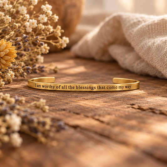 18K Gold PVD Worthy of Blessings Engraved Bangle Bracelet: Gold - Made in USA