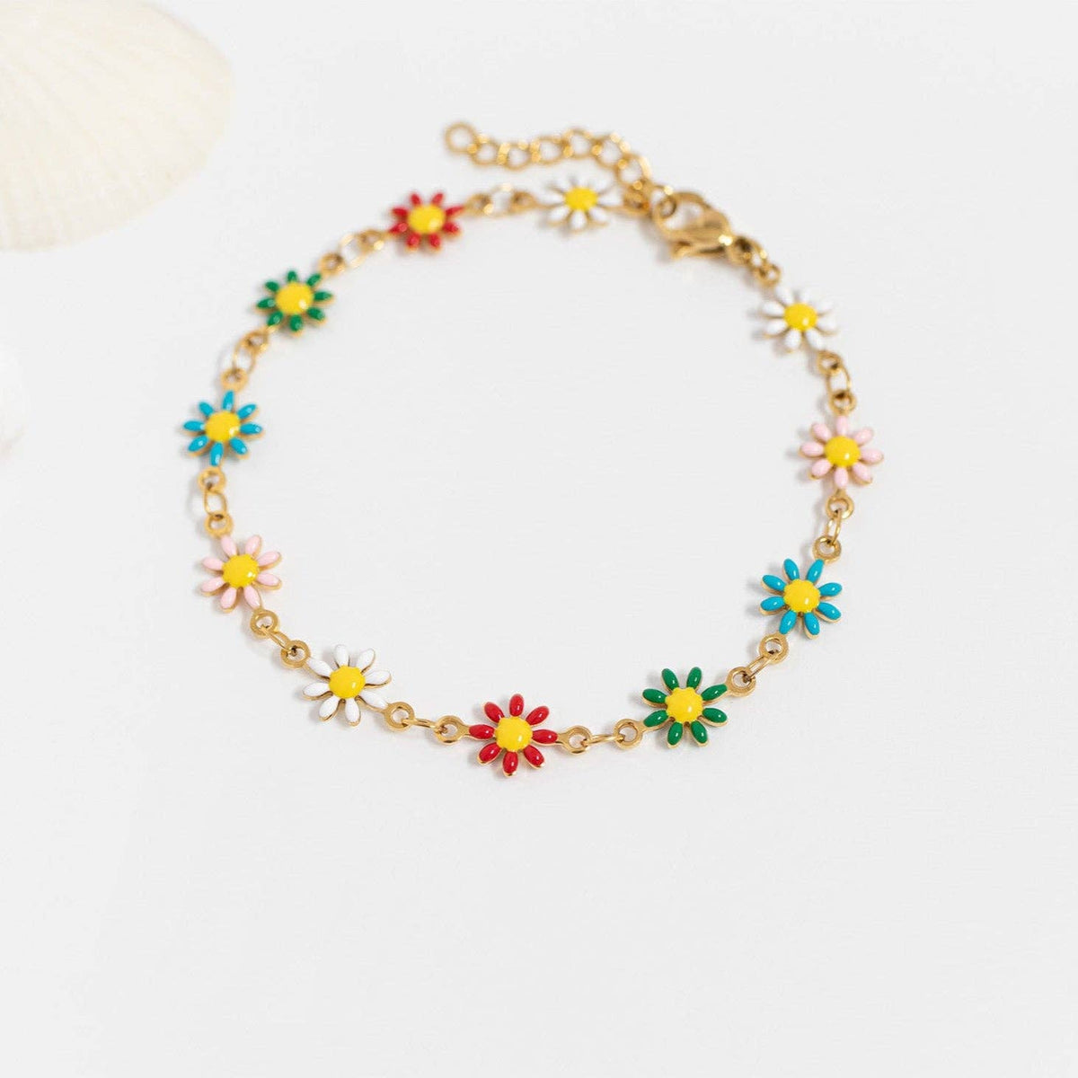 18K Gold PVD Multi Colored Floral Chain Bracelet: Gold - Made in USA