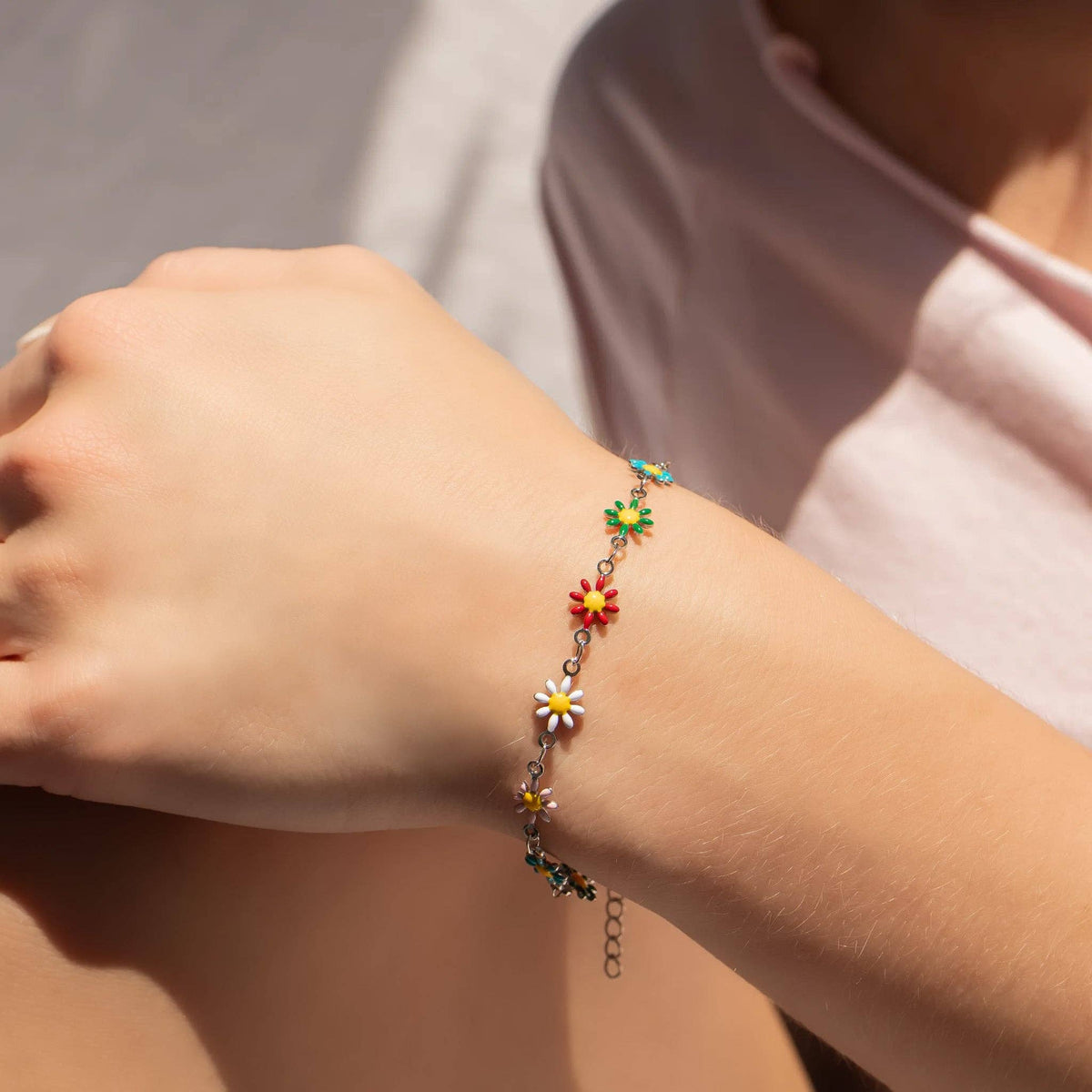 18K Gold PVD Multi Colored Floral Chain Bracelet: Gold - Made in USA