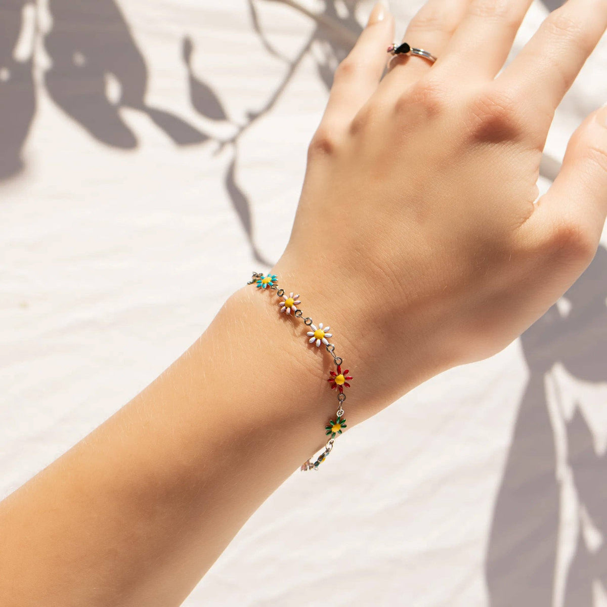 18K Gold PVD Multi Colored Floral Chain Bracelet: Gold - Made in USA