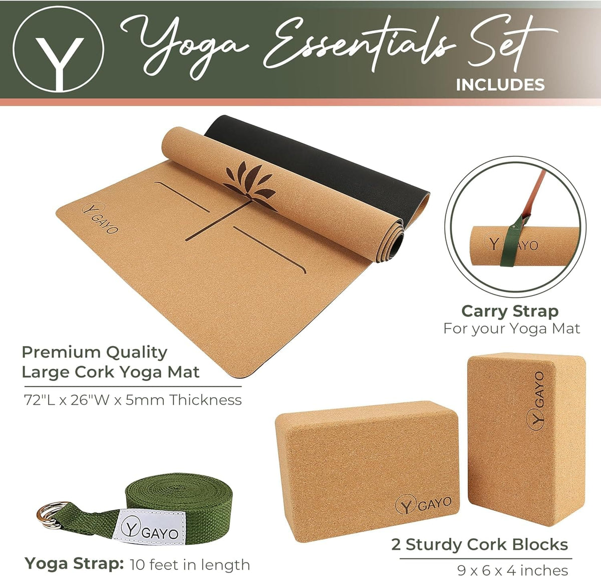 Cork Yoga Essentials Kit - mat, blocks, stretch strap and mat strap