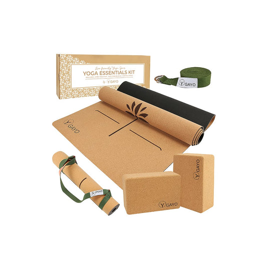 Cork Yoga Essentials Kit - mat, blocks, stretch strap and mat strap