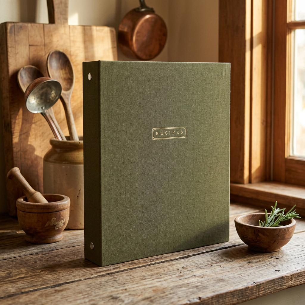 Olive Green Linen Recipe Binder | Gold Foil Cover