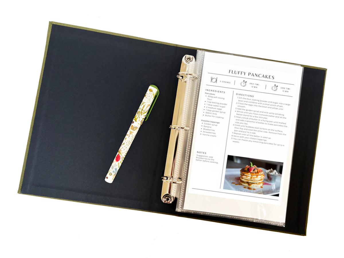 Olive Green Linen Recipe Binder | Gold Foil Cover