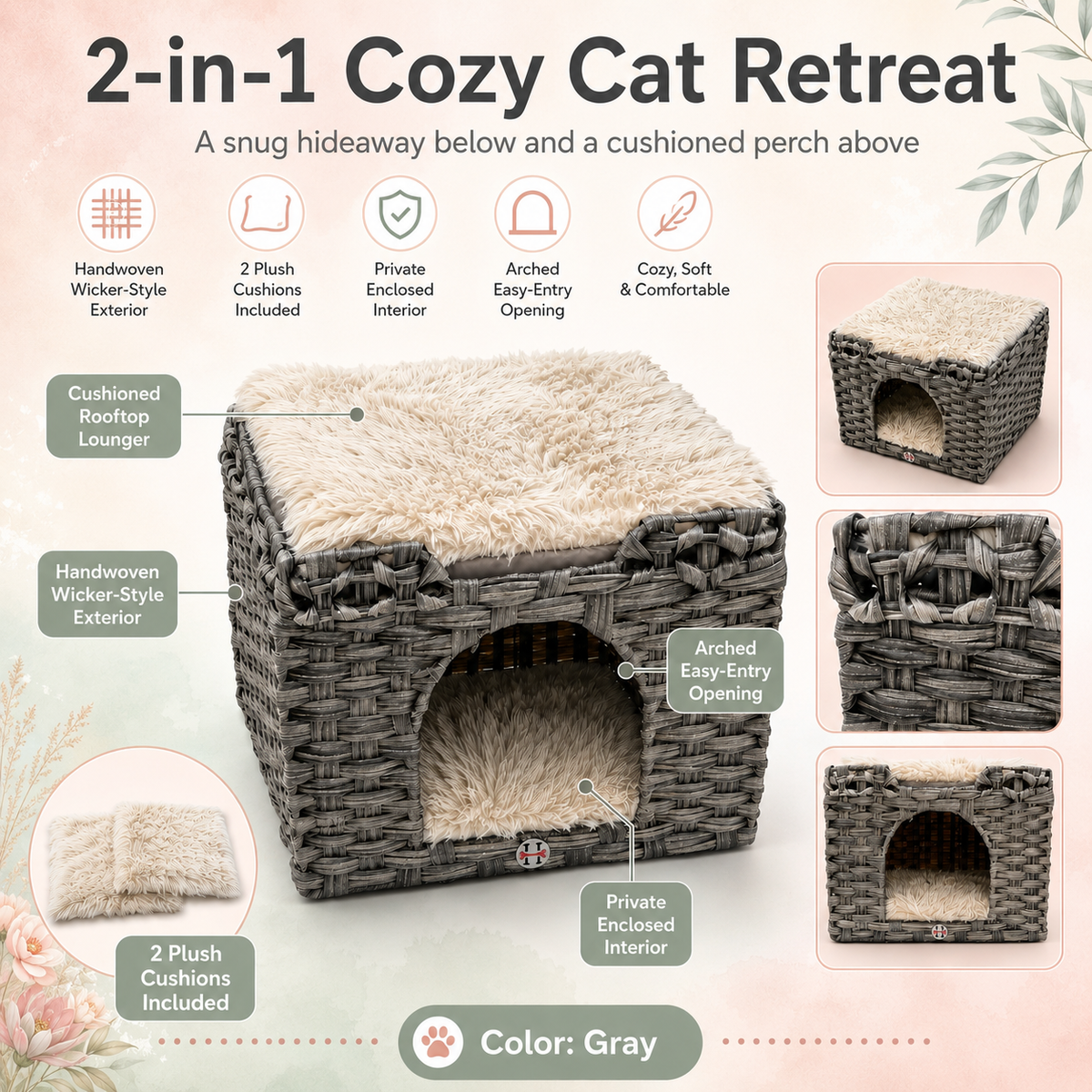 Huntley Cat House | Gray with Two Cushions