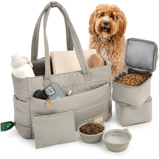 Quilted Dog Travel Tote with Bowls and Food Containers