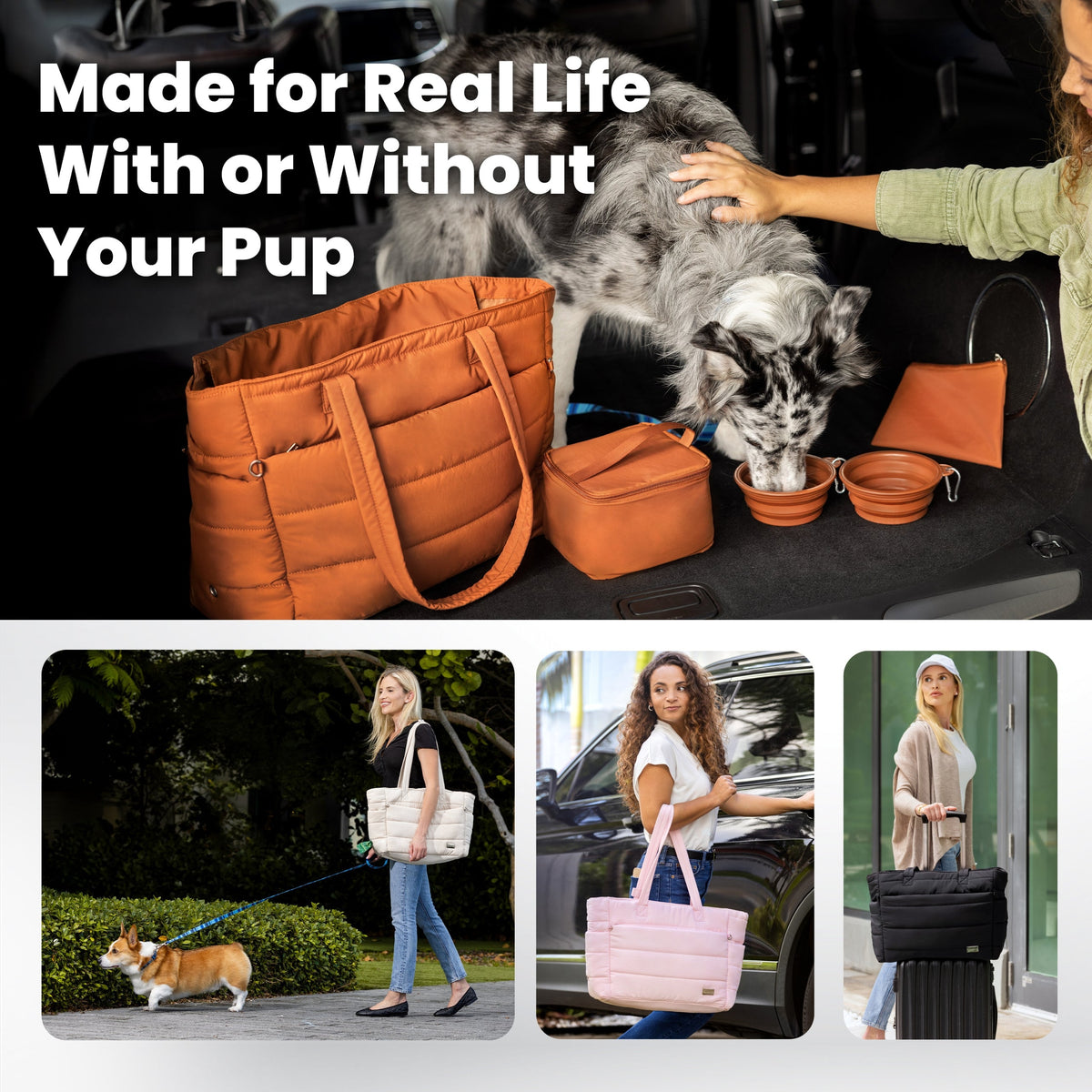 Quilted Dog Travel Tote with Bowls and Food Containers