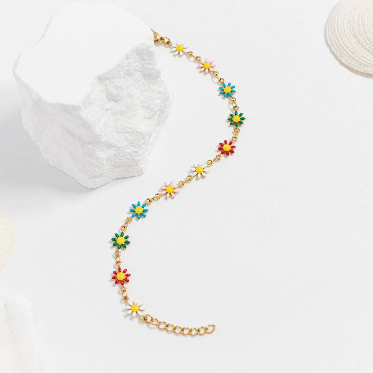 18K Gold PVD Multi Colored Floral Chain Bracelet: Gold - Made in USA