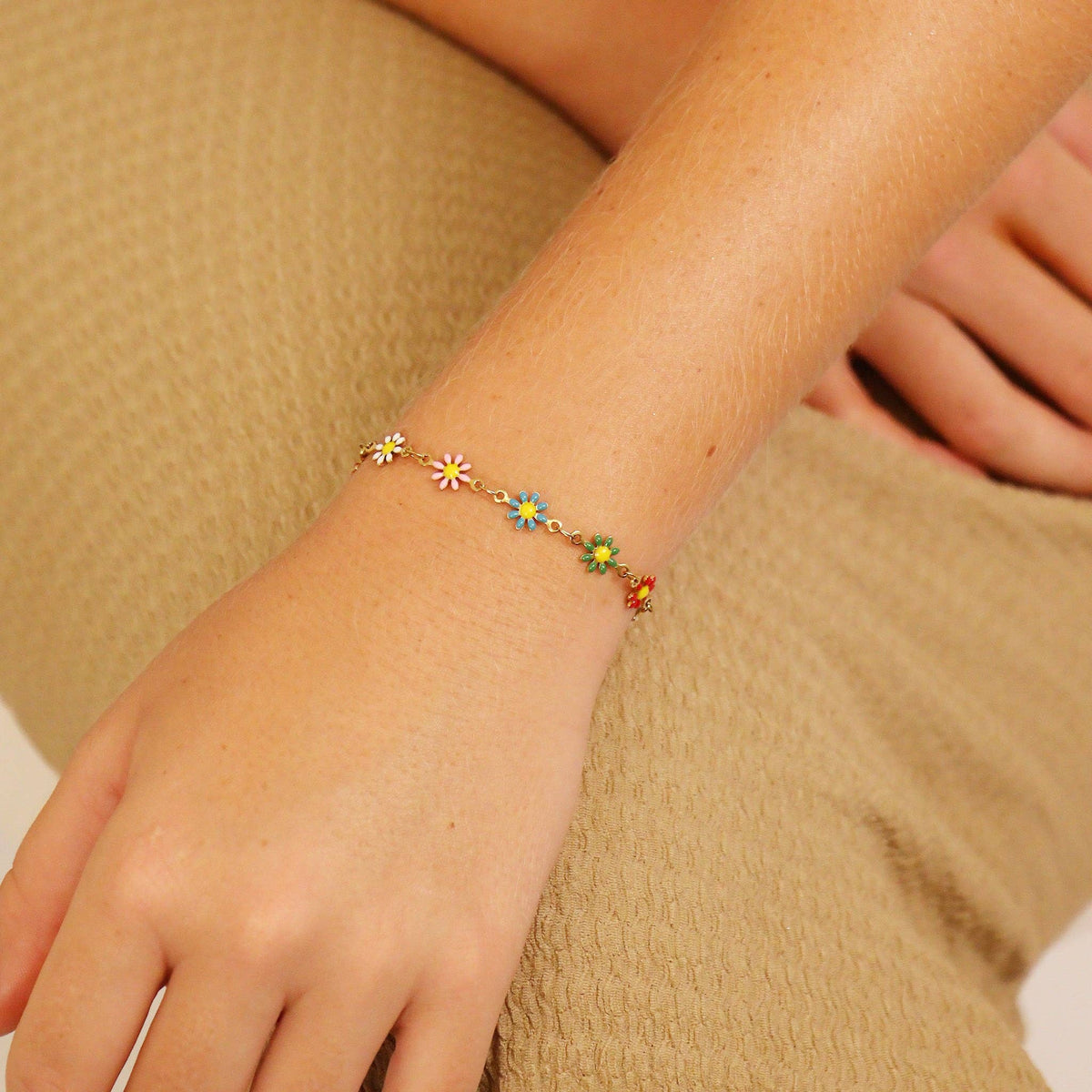 18K Gold PVD Multi Colored Floral Chain Bracelet: Gold - Made in USA