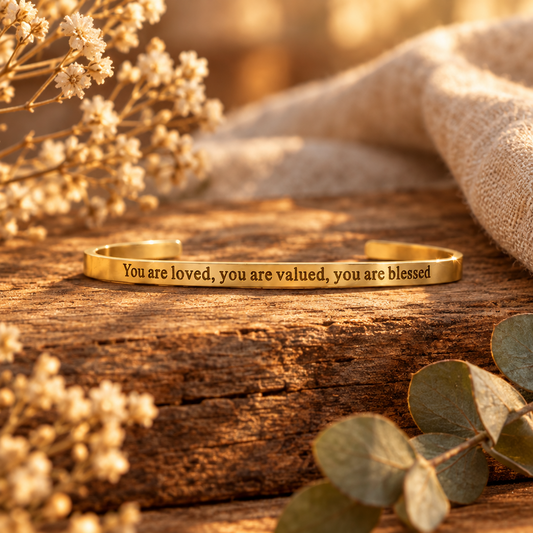 18K Gold PVD You are Loved Engraved Bangle Bracelet: Gold - Made in USA