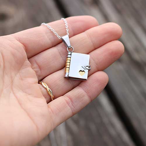 Tiny Book Pendant Necklace with Pages