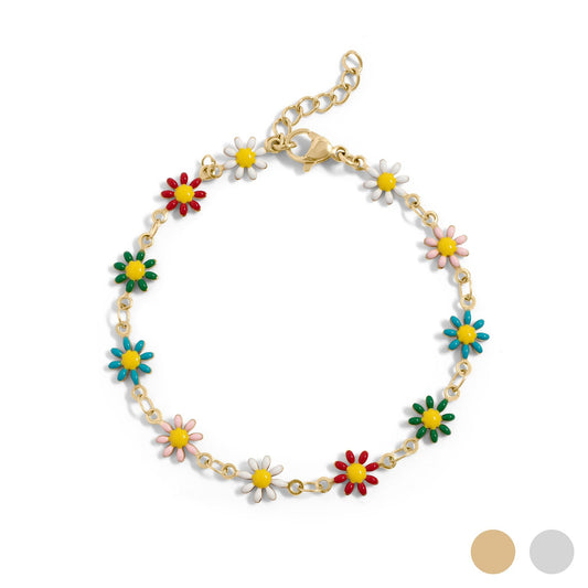 18K Gold PVD Multi Colored Floral Chain Bracelet: Gold - Made in USA