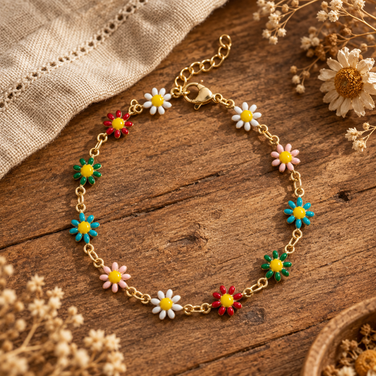 18K Gold PVD Multi Colored Floral Chain Bracelet: Gold - Made in USA