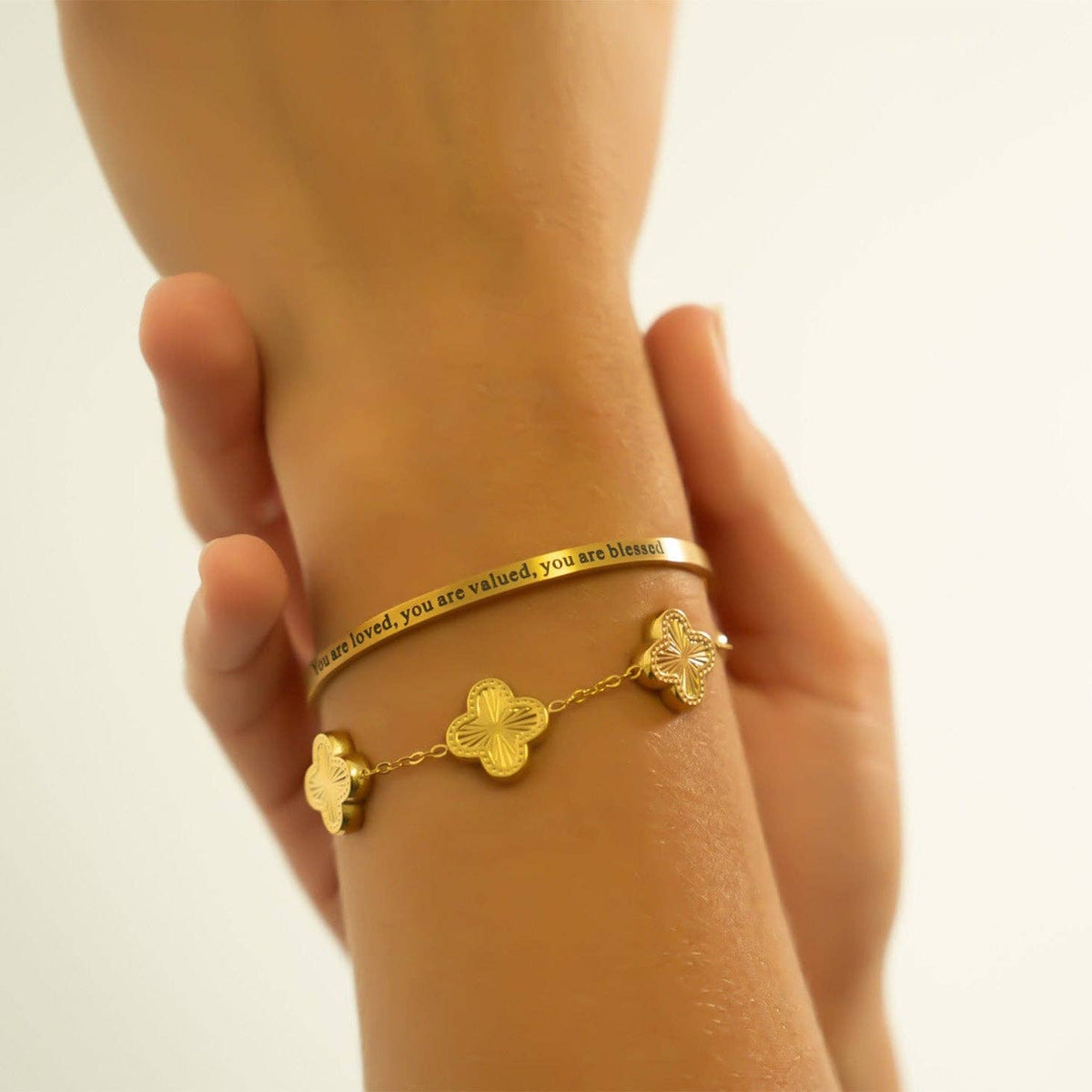 18K Gold PVD You are Loved Engraved Bangle Bracelet: Gold - Made in USA