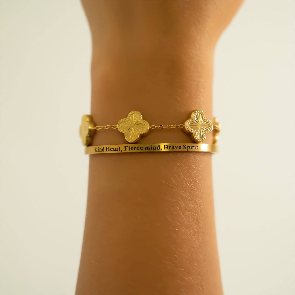 18K Gold PVD Kind Heart Fierce Mind Engraved Bangle: Gold - Made in USA