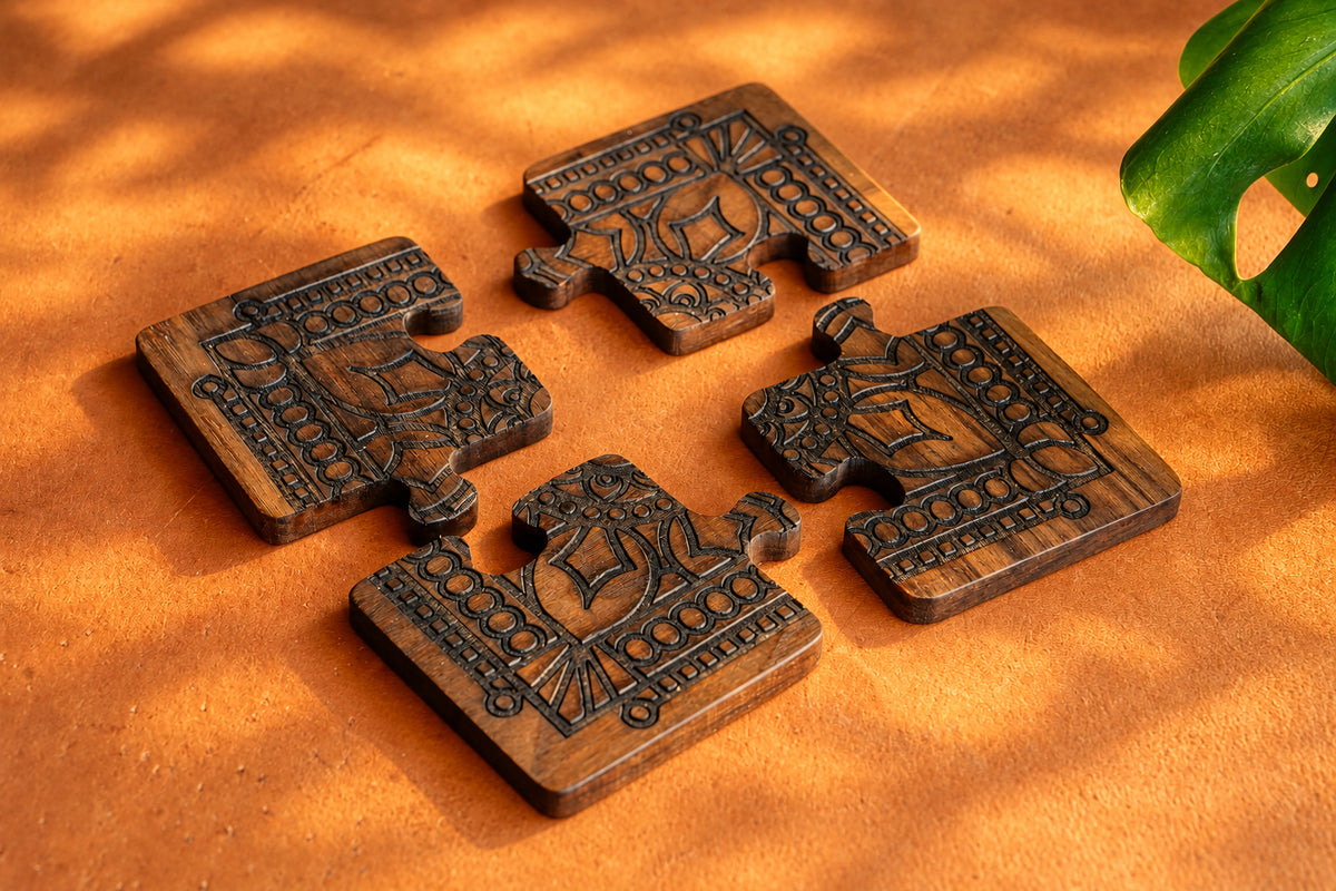 Interlocking Walnut Wood Puzzle Piece Coaster Set Trivet Combo